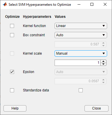SVM hyperparameter optimization options