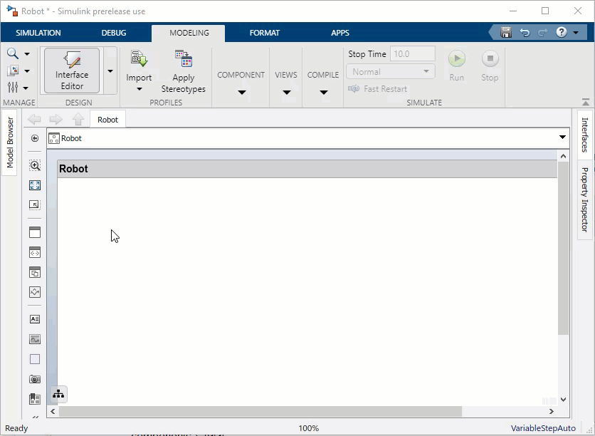 Click and drag a component from the left-side palette to add it to the architecture model.