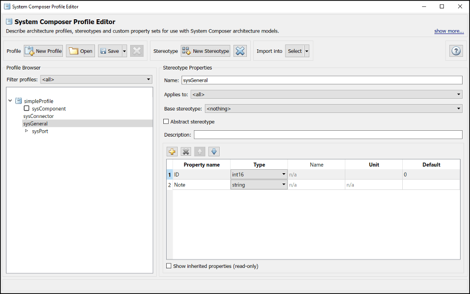 The System Composer Profile Editor with stereotype 'Sys General' with properties defined 'ID' and "Note'.
