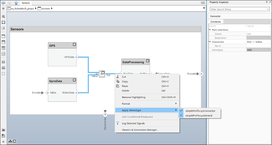 Inspect that the connectors have two stereotypes selected using the right click menu and selecting 'Apply Stereotype'.