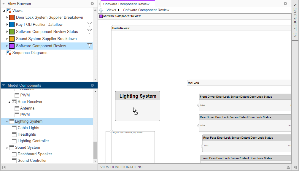 The display on the views editor shows clicking and dragging the lighting system component into the view.