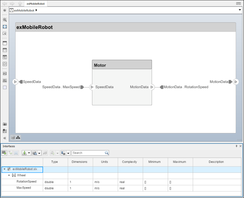 The interface element rotation speed is the source element for the motion data port on the motor component.