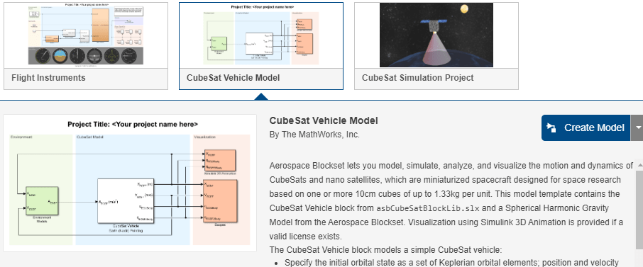 CubeSat project and model on Simulink Start Page.