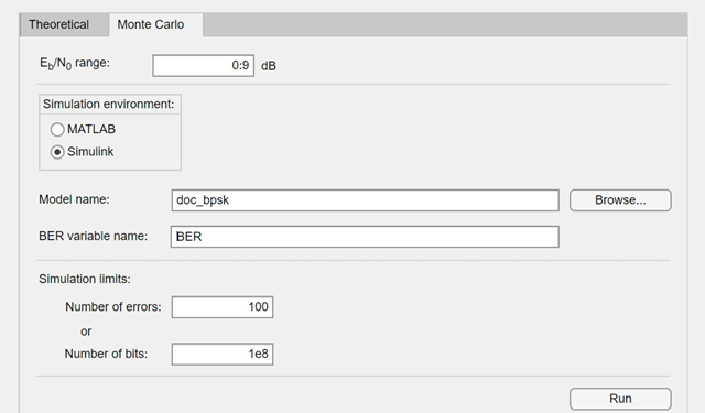 Parameter settings on the Monte Carlo tab of the Bit Error Rate Analysis app.