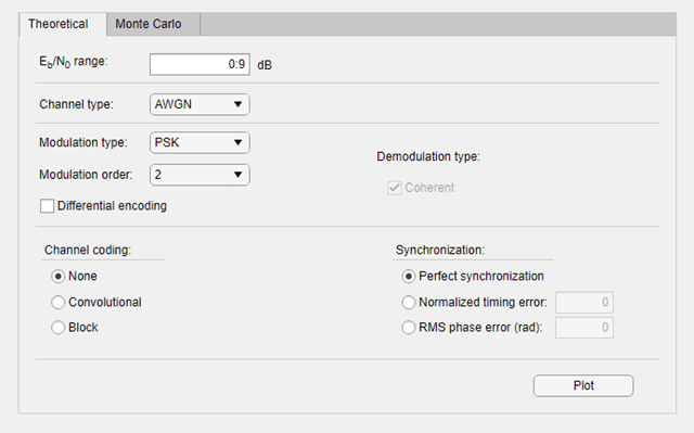 Theoretical tab on Bit Error Rate Analysis app configured for BPSK modulation.