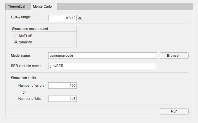 Monte Carlo tab of BER Analysis app configured to run default Simulink model.