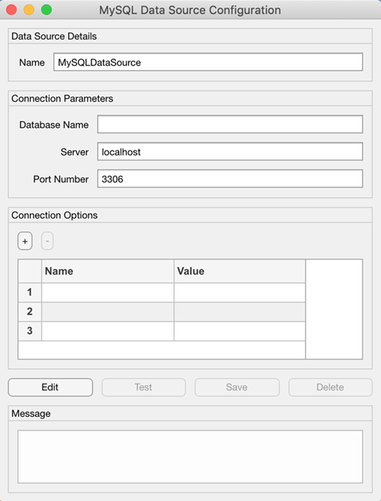 MySQL Data Source Configuration dialog box