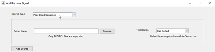 Add/Remove Signal dialog box configured to load point cloud sequences