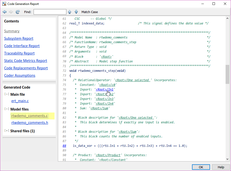 Code generation report window containing model.c file is open. Mouse cursor is placed on a comment that contains a hyperlink to the corresponding block in the model.