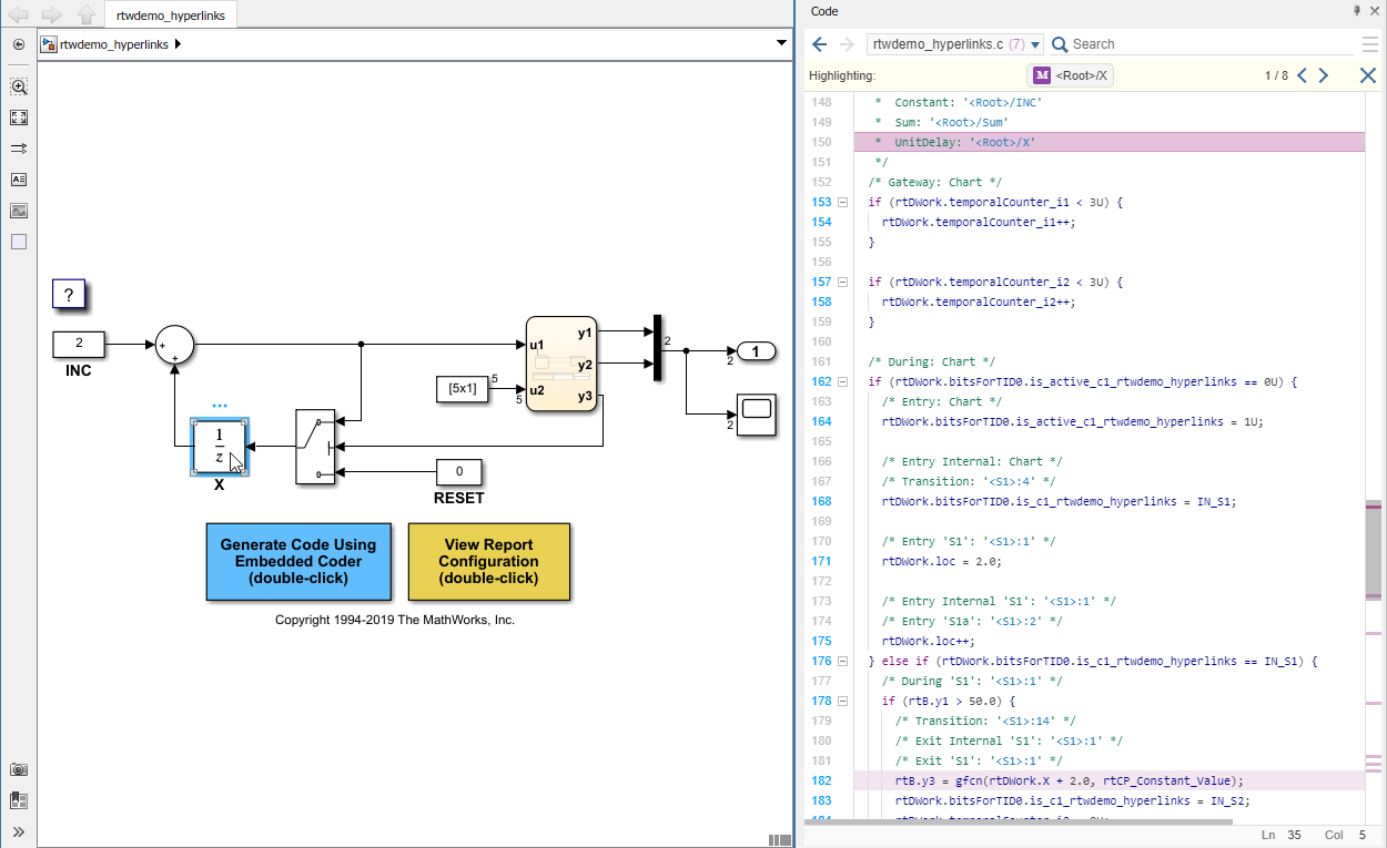 Code view containing generated code is open next to the model. Mouse cursor clicks a block in the model and corresponding lines of code are highlighted in Code view.