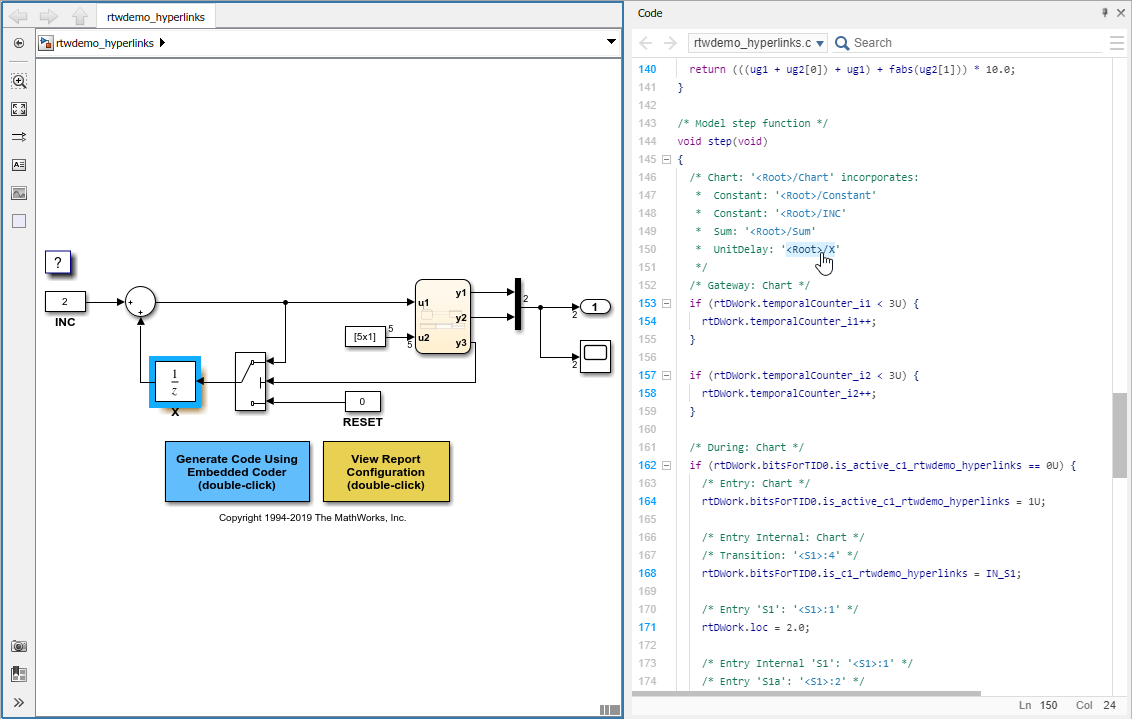 Code view containing generated code is open next to the model. Mouse cursor is placed over a comment and the corresponding block is highlighted in the model.