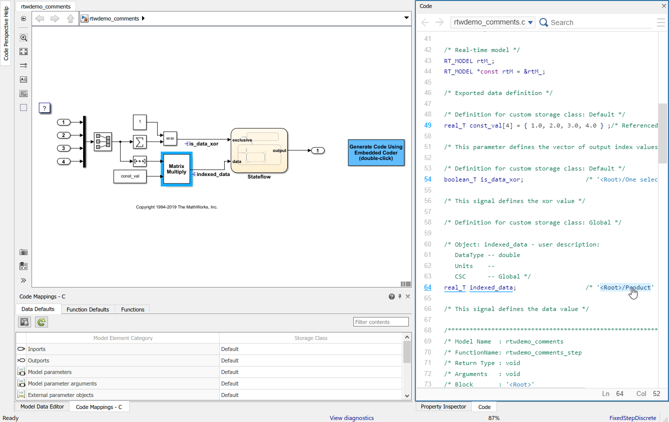 Code view is open next to the model. Cursor is placed over a comment and corresponding block is highlighted.