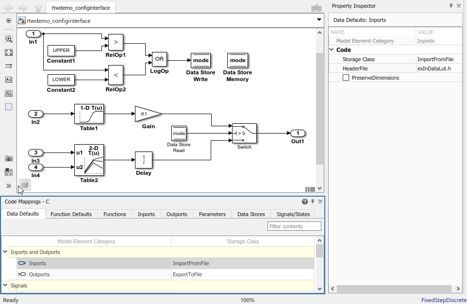 Code Mappings editor with Data Defaults tab selected, Inports and Outports tree node expanded, and storage class for Inports set to ImportFromFile. Property Inspector with HeaderFile property set to exInDataLut.h