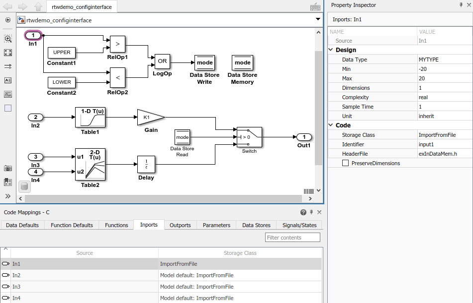 Code Mappings editor with Inports tab selected, signal In1 selected, and storage class being set to ImportFromFile. Property Inspector with HeaderFile property set to exInDataMem.h.