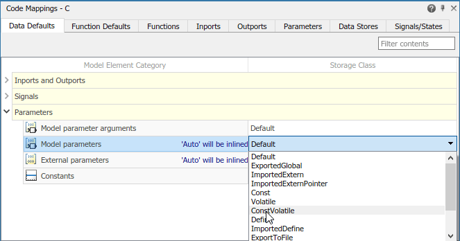 Code Mappings editor with Data Defaults tab selected, Parameters tree node expanded, and storage class for Model parameters set to ConstVolatile.