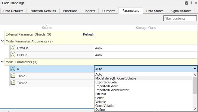 Code Mappings editor with Parameters tab selected, parameters K1, Table1, and Table2 selected, and storage class being set to Model default: ConstVolatile.