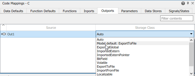 Code Mappings editor with Outports tab selected, outport Out1 selected, and storage class being set to Model default: ExportToFile.