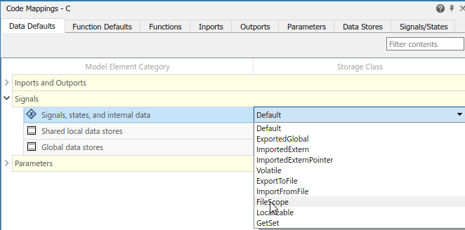 Code Mappings editor with Data Defaults tab selected, Signals tree node expanded, and storage class for Signals, states, and internal data set to FileScope.