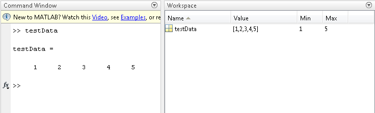 Command Window and Workspace showing named range testData with numbers 1 through 5