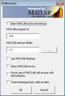 Preferences dialog box for setting preferences to control how MATLAB and Spreadsheet Link behave
