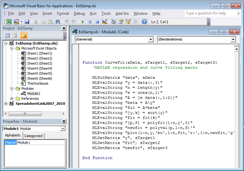 ExliSamp.xls - Module 1 (Code) window contains the VBA code for the CurveFit function with arguments aData, sTarget1, sTarget2, and sTarget3