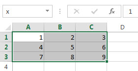 Worksheet contains the numbers 1 through 9 in cells A1 through C3