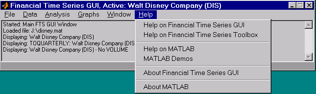 Financial Time Series main window Help menu