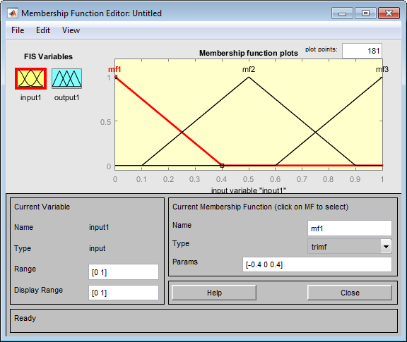 Membership Function Editor showing default triangular membership functions