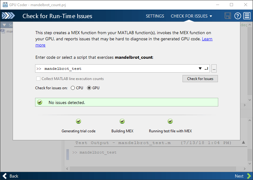 Check for run-time issues window of the GPU Coder app