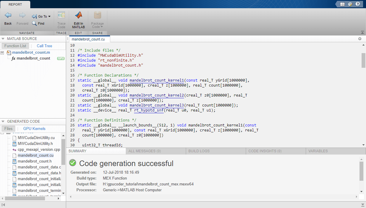 Code generation report window
