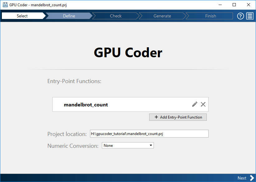 Select source files window of GPU Coder app
