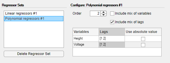 The Polynomial regressors #1 selection is on the left. The configuration parameters are on the right.
