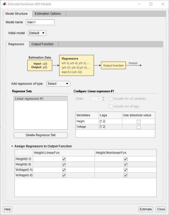 Model Structure tab of the Estimate Nonlinear ARX Models dialog box. From top to bottom, this tab contains Model name, Initial model, and the Regressors tab. At the top of the Regressors tab is a block diagram that contains an Estimation Data block with input and output variables, a Regressors block with regressor variables, and a generic Output Function block. Beneath this block diagram is option to select the type of regressors to add. Beneath this selection is the Regressor sets area, which lists each regressor set and displays the parameters for the selected regressor. At the bottom is the Regressor assignment table.
