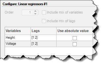Regressor configuration table for Linear regressors #1