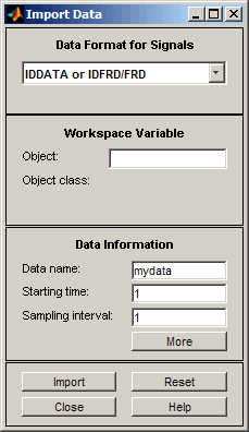Import Data dialog box. Data Type is on the top. Workspace Variable is second from the top. Data information is third from the top. Import, Reset, Close, and Help buttons are on the bottom