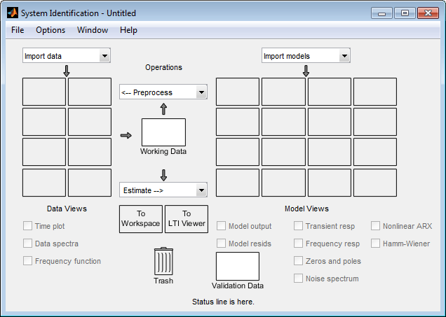 System Identification app main screen. The Import data area is on the left. This area includes Data Views selections at the bottom. The Operations area is to the right of the Import data area. The Import models area is on the right. This area includes Model Views selections at the bottom