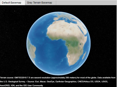 A geographic globe in a figure with two tabs, Default Basemap and Gray Terrain Basemap.