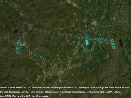 Circle markers plotted over a region with terrain imagery.