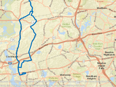 The same map with a blue line plotted along several roads