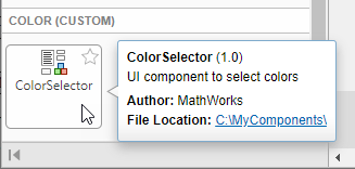 App Designer Component Library with the ColorSelector UI component displayed under the category Color (Add-on). The mouse cursor is pointing to the component, which displays a message with the component name, version, description, author, and file location.