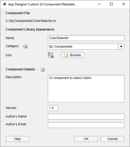 App Designer Custom Component Metadata dialog for the ColorSelector component.