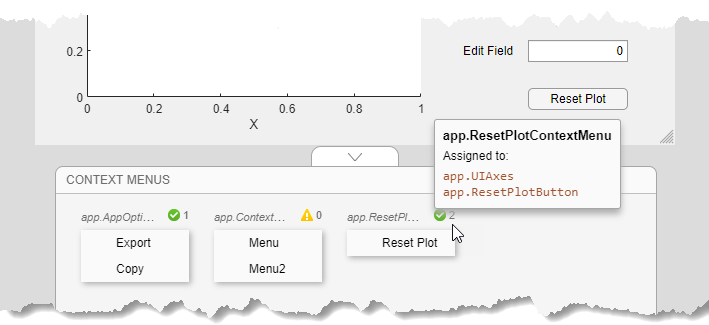 Context Menus area on the canvas showing three context menus.