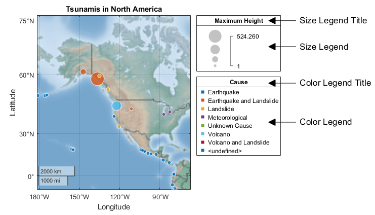 Geographic bubble chart with labeled size and color legends