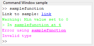 Command Window sample panel showing error text in magenta and warning text in green.