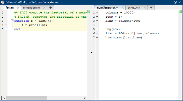 Editor with two documents displayed side by side using a left/right tile layout.