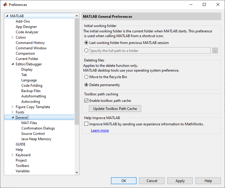 Preference window displaying the MATLAB General Preferences page.