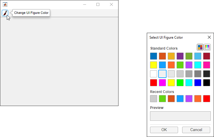 UI figure that displays a paintbrush icon in a toolbar push tool. The color picker dialog box displays to the right of the UI figure.
