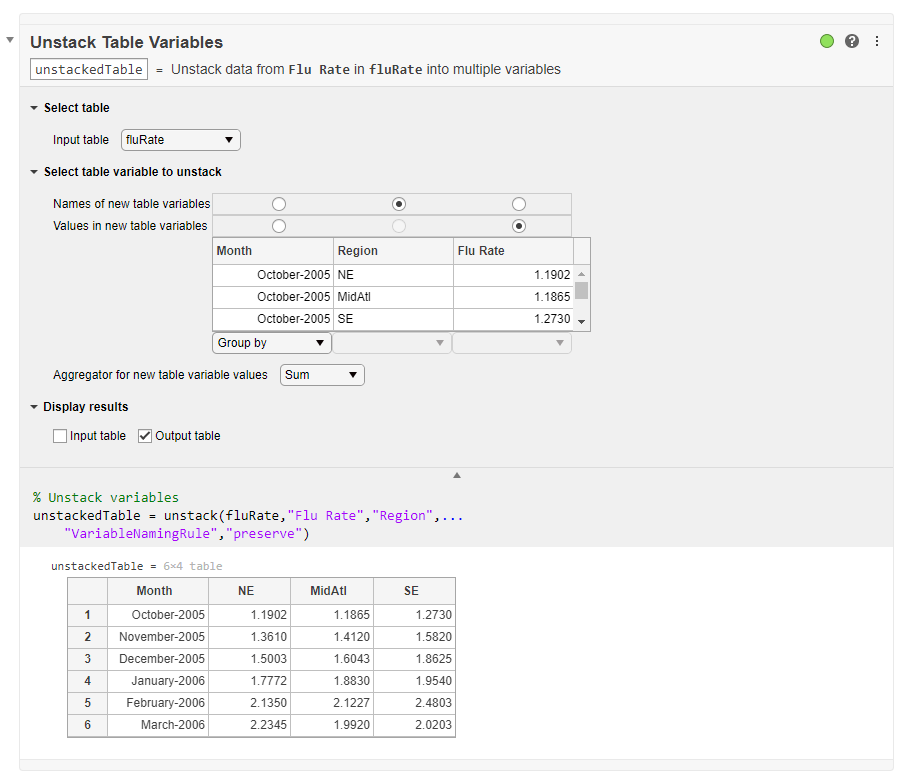 Unstack Table Variables task in Live Editor