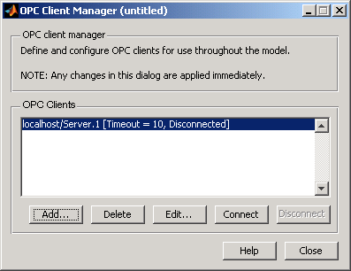 OPC client manager dialog with client selected