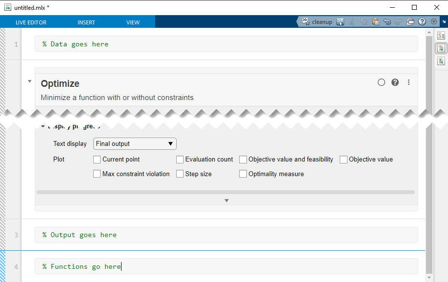 Live Script with section for data on top, then Optimize Live Editor task, then section for output, then section for functions.